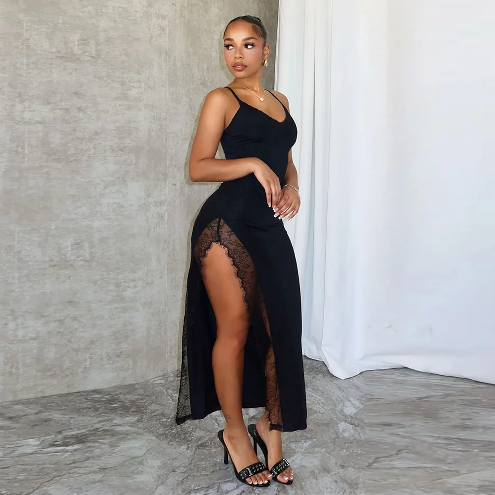 OSEN-Comfort Sexy Party Long Dresses Women Basic Bodycon Lace Up Stretch Slim Sexy Lace High Slit Dress Straps Clubwear