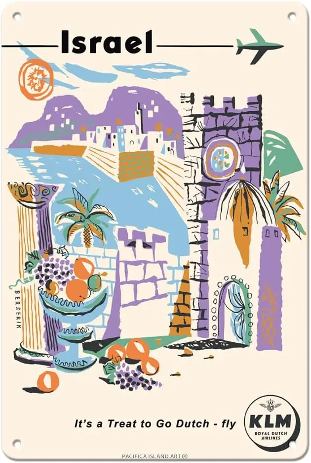 جزيرة باسيفيكا آرت إسرائيلية - منفذ سيزاريا - الخطوط الجوية الملكية KLM - ملصق سفر عتيق لشركة الطيران من هيرمان بيرسيريك c. s #1
