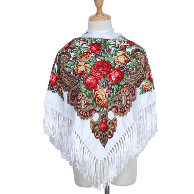 90*90cm Enthic Style Russian Women\'s Square Scarf Shawl Retro National Fringed Print Scarves Winter Ladies Head Wraps