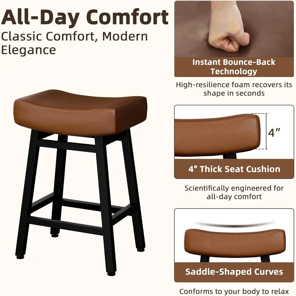 Counter Height Bar Stools Set of 2, 24 Inch Backless BarStools for Kitchen Island Leather Saddle Bar Chairs Kitchen Stools with