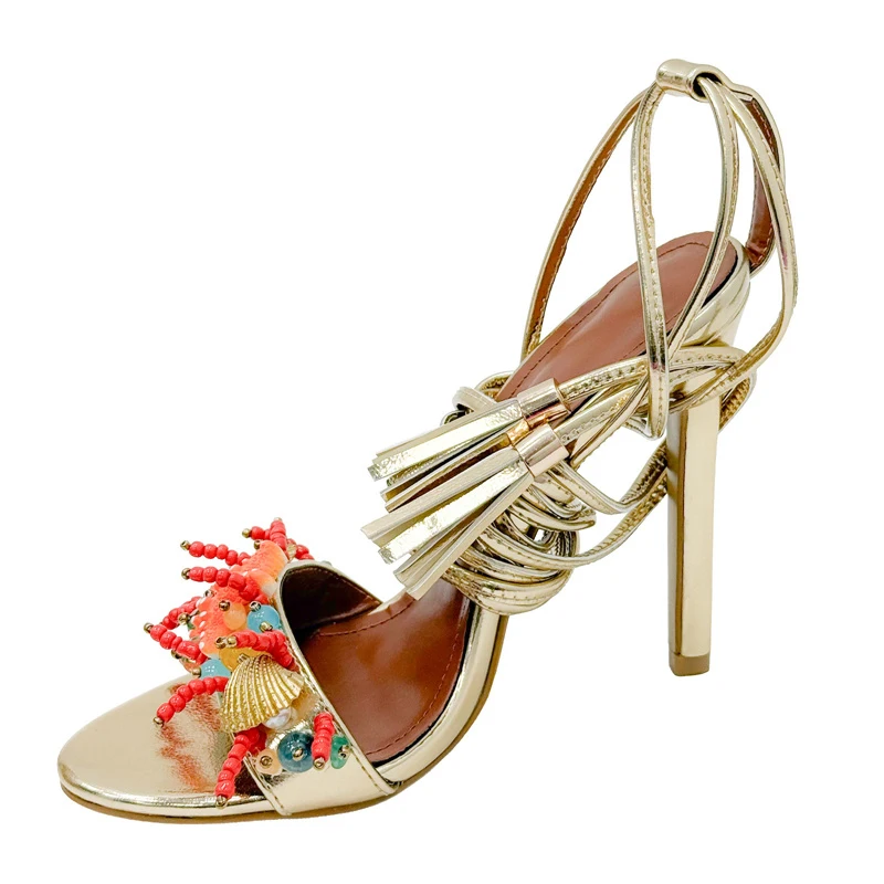 Liyke Fashion Design  String Bead Starfish Shells Coral Gold Sandals Women Sexy Tassels Ankle Strap High Heels Party Prom Shoes view 5