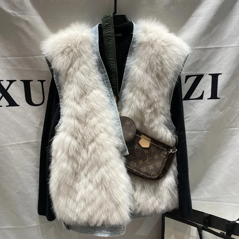 

Faux Fox Fur Patchwork Denim Vest Jacket Female Loose Sleeveless Coat Women Korea Fashion Waistcoat Elegant Autumn and Winter