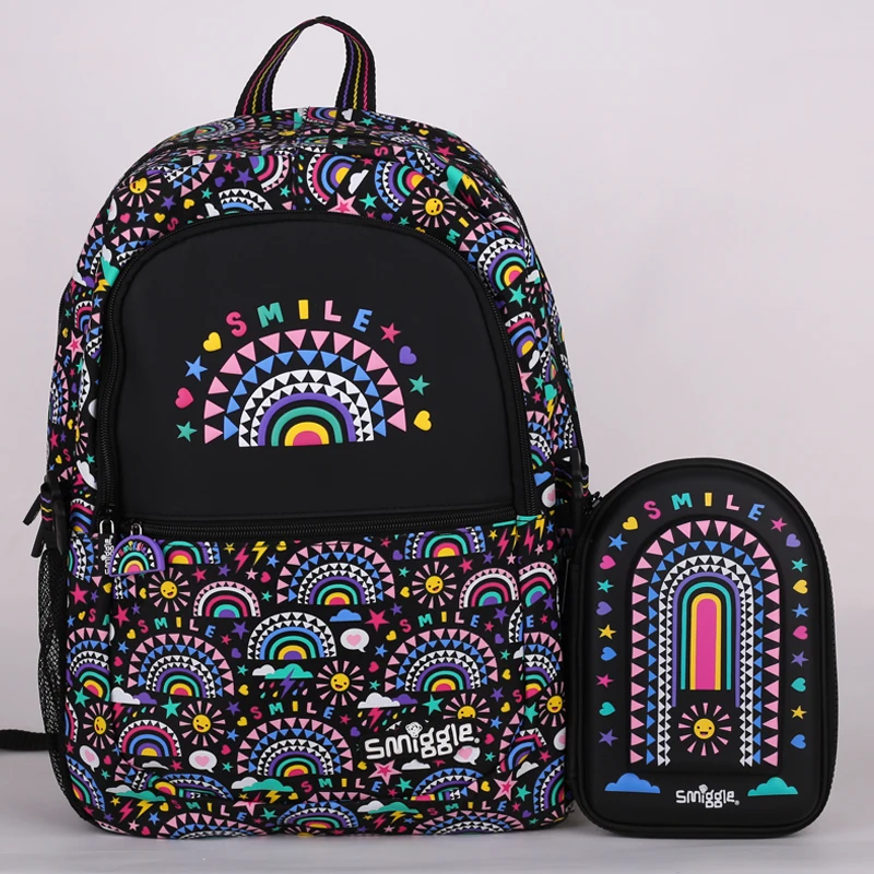 Australian Smiggle Black Colorful Backpack Student Load Reduction Large Capacity Ultra Light Double Zipper Backpack Pen Box Set