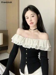 Slash Neck Sweaters Women Hotsweet Off Shoulder Spring Autumn Sexy Ruffles Flare Sleeve French Style Aesthetic Retro Advanced