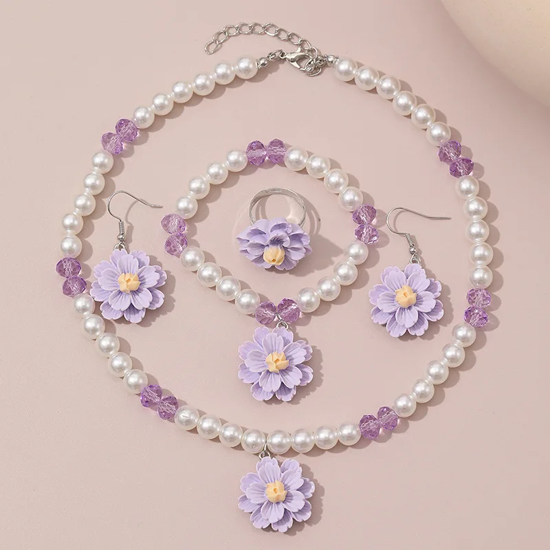 4pcs/Set Sweet & Charming Light Luxury Kids Flower Necklace Set - 4Pcs Cute Fake Pearl Pendant Jewelry