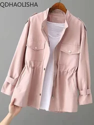 Trench Coat for Women 2024 Spring New in Windbreaker Korean Versatile Loose Long Sleeved Standing Collar Zipper Waistband Coat