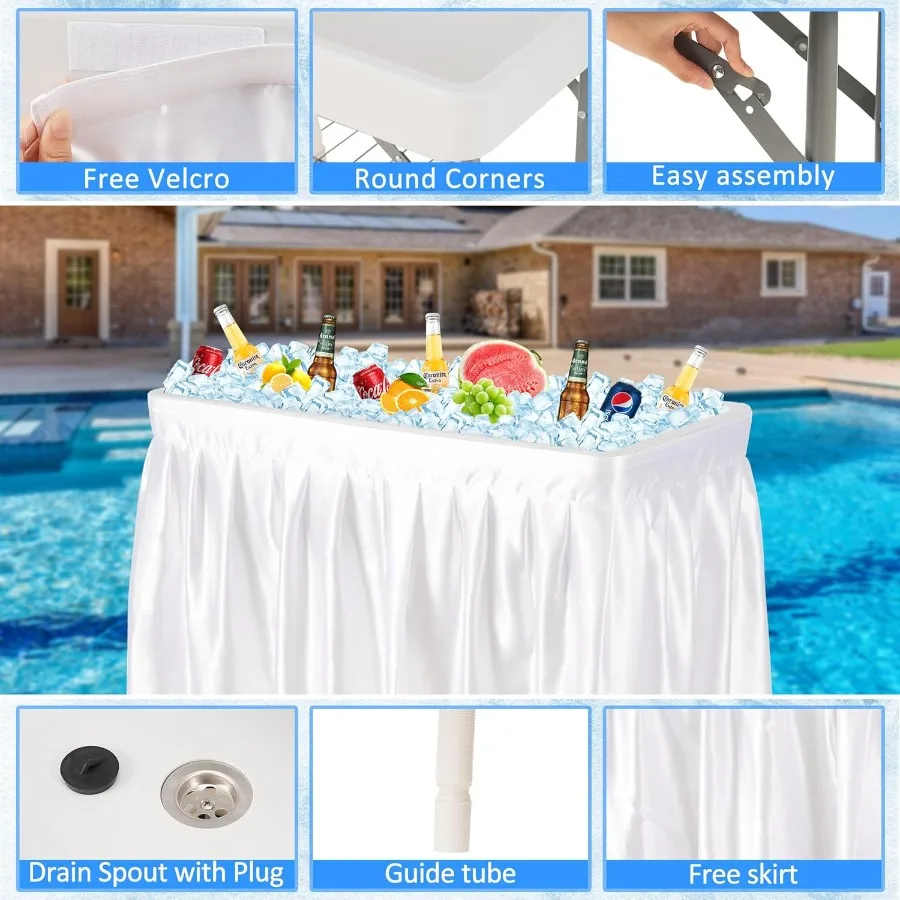 طاولة تبريد الثلج المحمولة 4 أقدام في الهواء الطلق مع تصميم استنزاف وقابل للطي تنورة مطابقة قابلة للإزالة للتخييم في الهواء الطلق والشواء