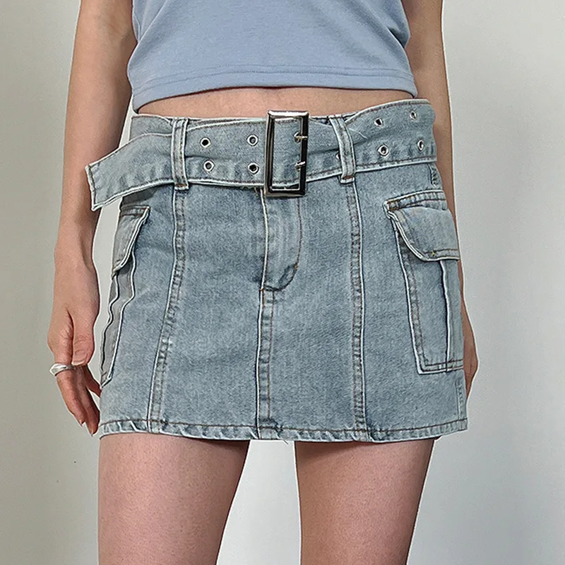 Denim skirt low rise metal button short mini blue girls night out going out bodycon skirt with lining