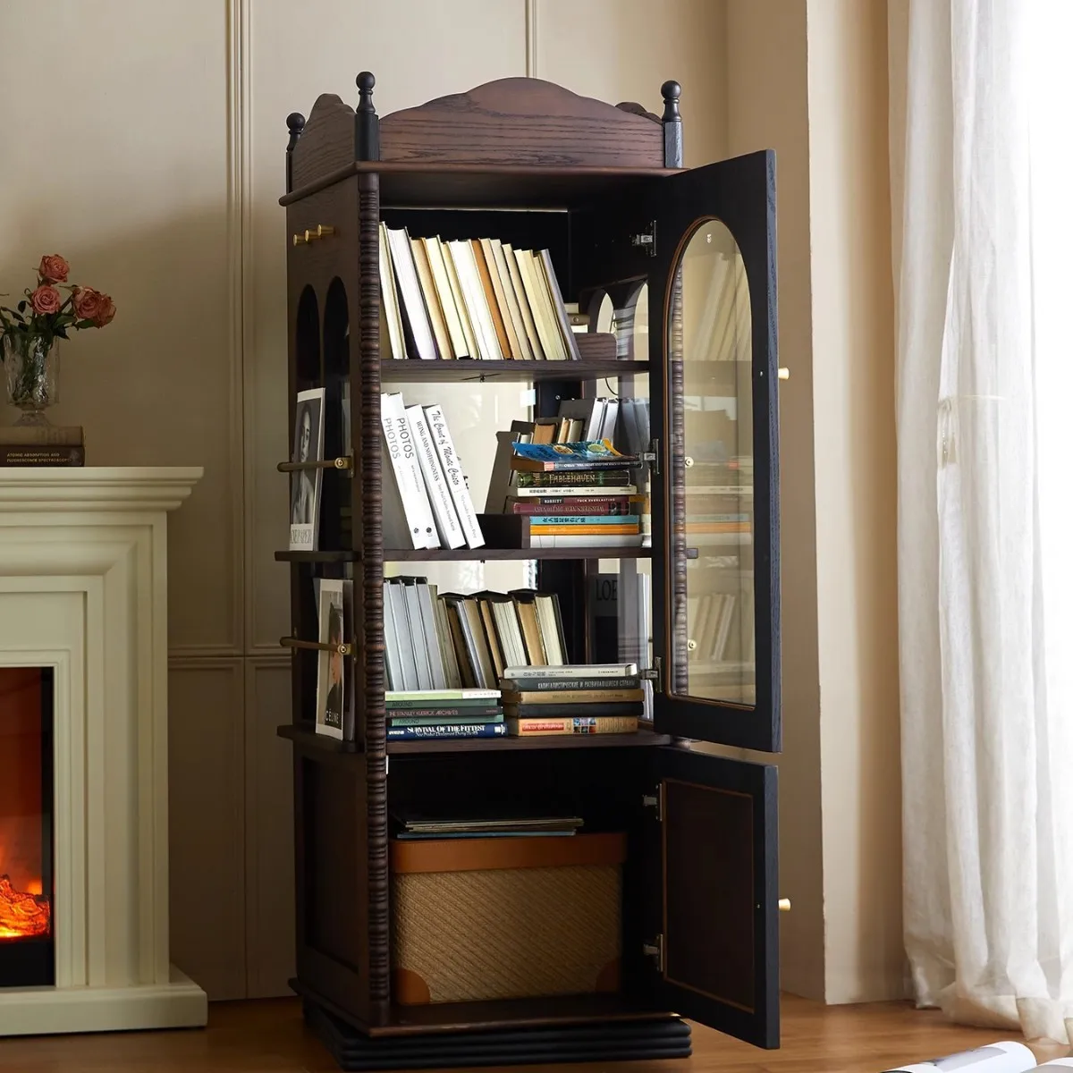 

American solid wood bookcase, living room against the wall, light luxury locker, glass cabinet, display, household bookcase