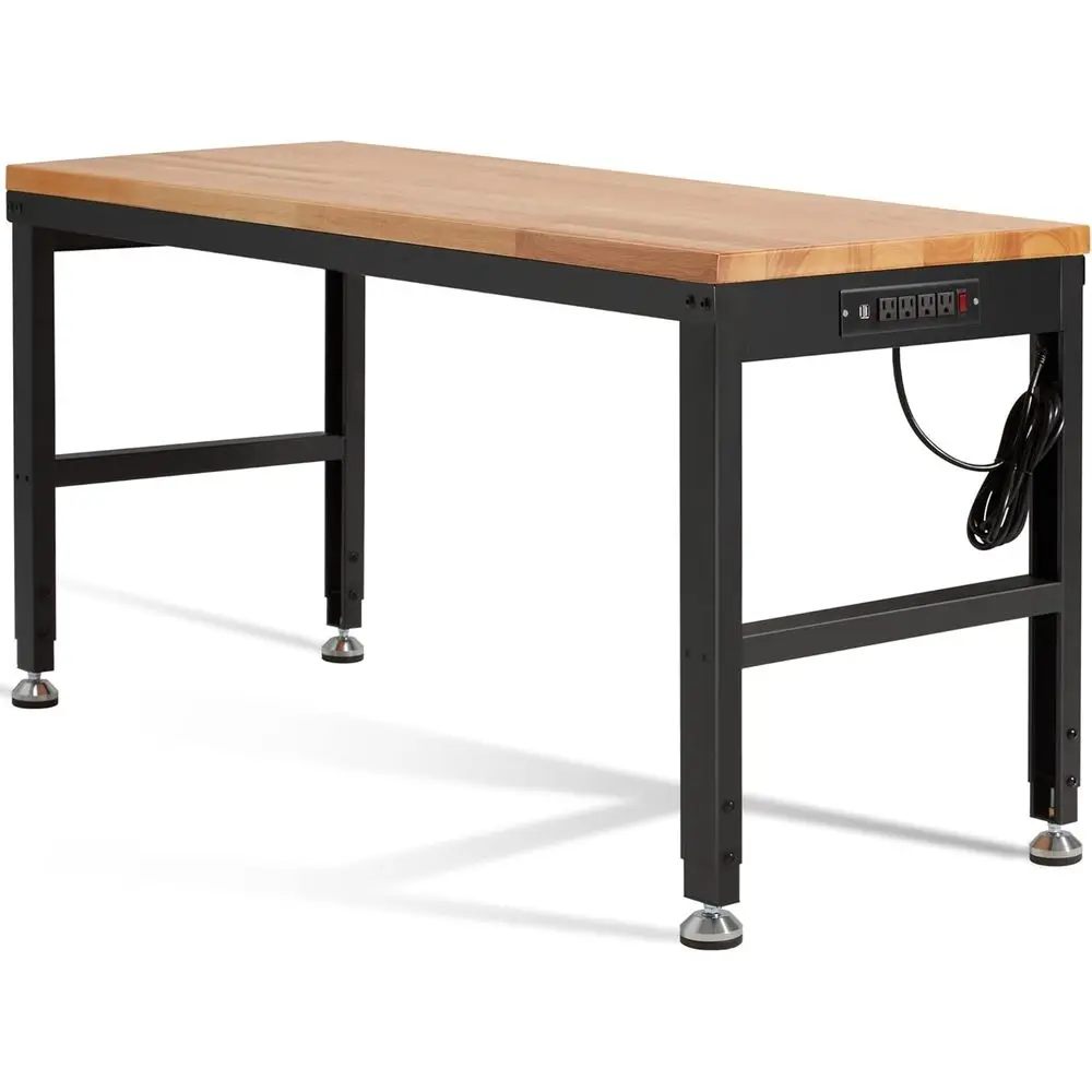 Adjustable Workbench or Garage, 60 x 22 Rubber Wood Top Worktable with Power Outlets, Max 2000 Lbs Load Capacity Heavy Duty Work