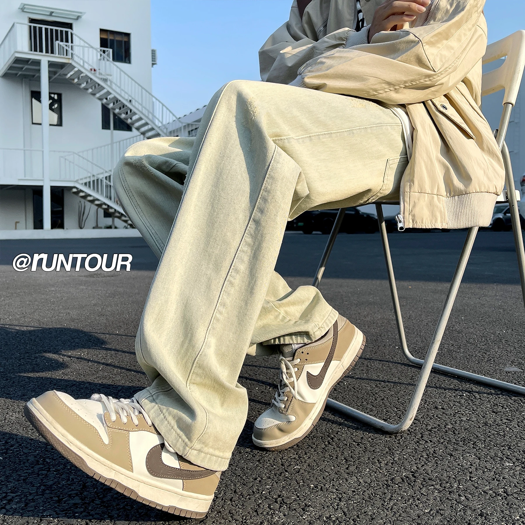 

Мужские джинсы в американском винтажном стиле, прямого кроя, свободные, цвета желтой глины, для весны и осени, с эффектом потертости, прочные, повседневные брюки