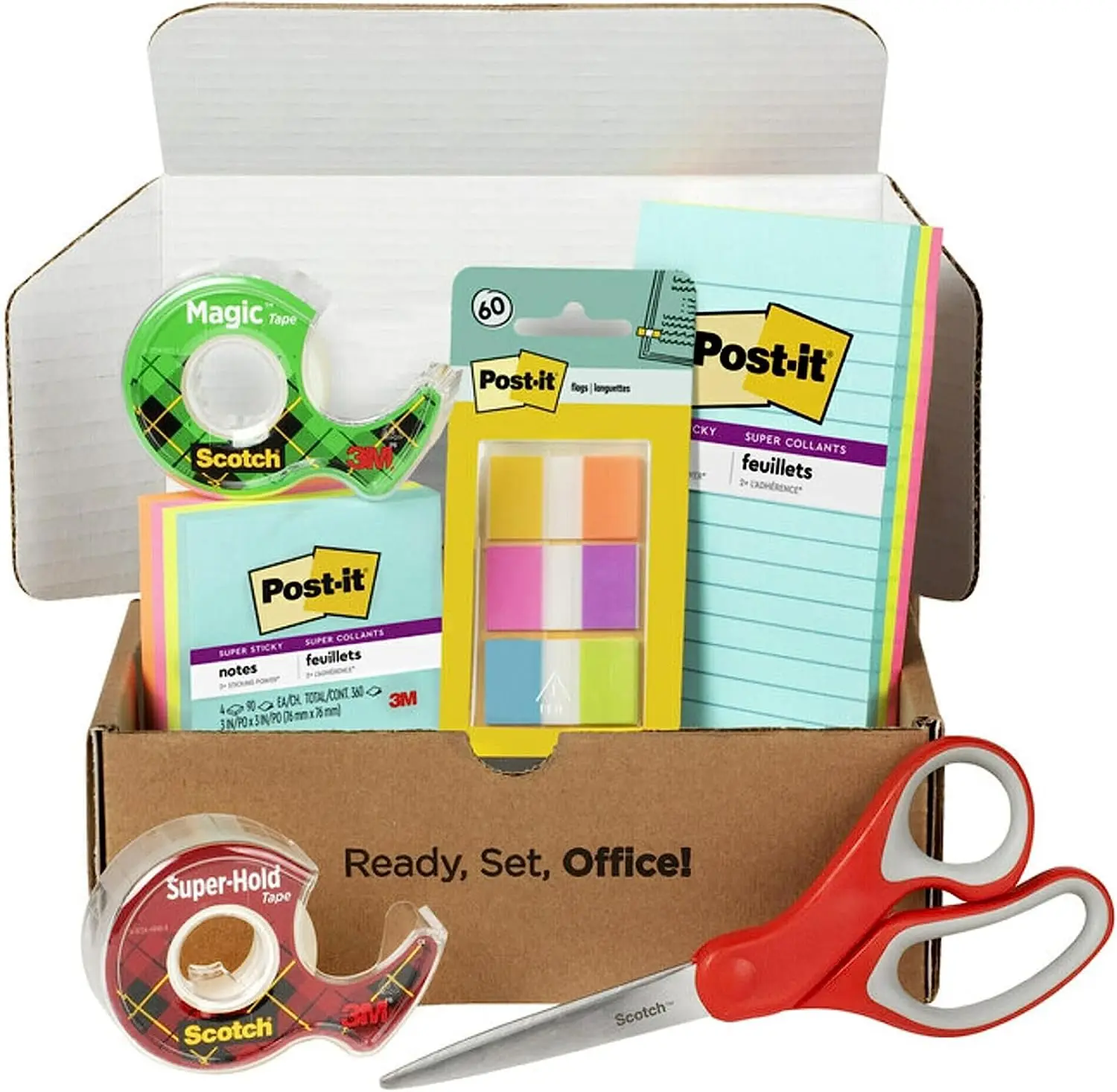 

Office Essentials Kit: Super Sticky Notes, Transparent Tape, Flags & Sharp Scissors for Business & Teacher Supplies