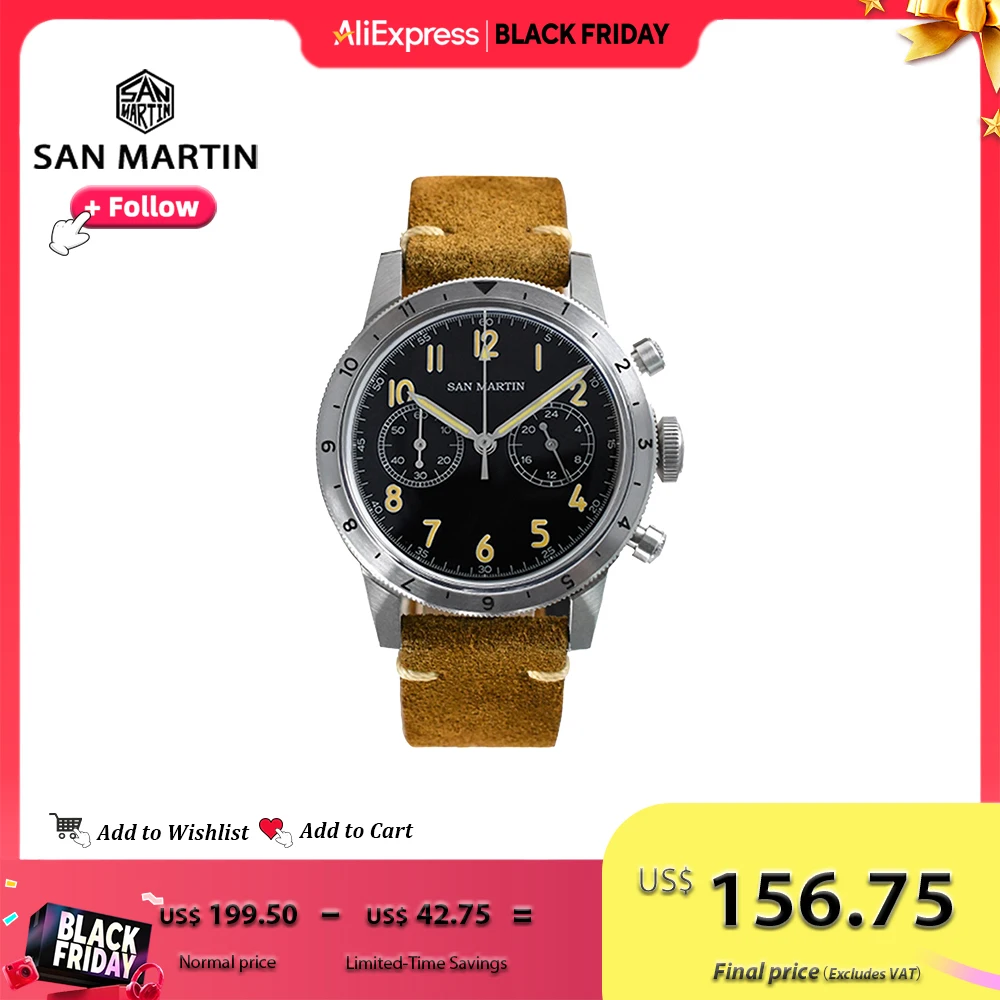 سان مارتن 39.5 مللي متر ساعة رجالية عتيقة النمط العسكري VK64 نوع الطيار كرونوغراف ساعات كوارتز فولاذية ريترو مضيئة 10Bar SN0127 #1