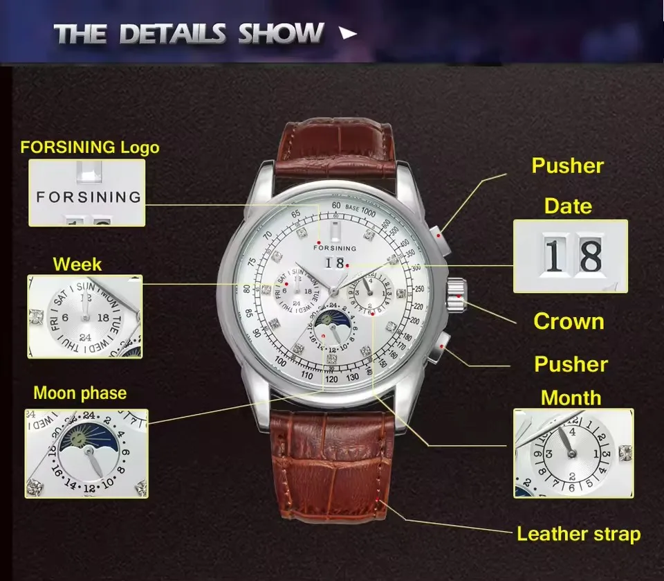 FORSINING Replica Multifunctional Shanghai Automatic Diamond Man Watch Mechanical Waterproof High-End Luxury Elegant Wrist Clock