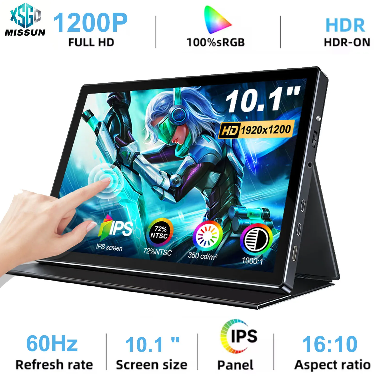 MISSUN 10.1 Inch Portable Monitor Support Type-C/HDMI, 1920x1200 Touchscreen NonTouch IPS Monitor, Leather Case VESA 75*75mm