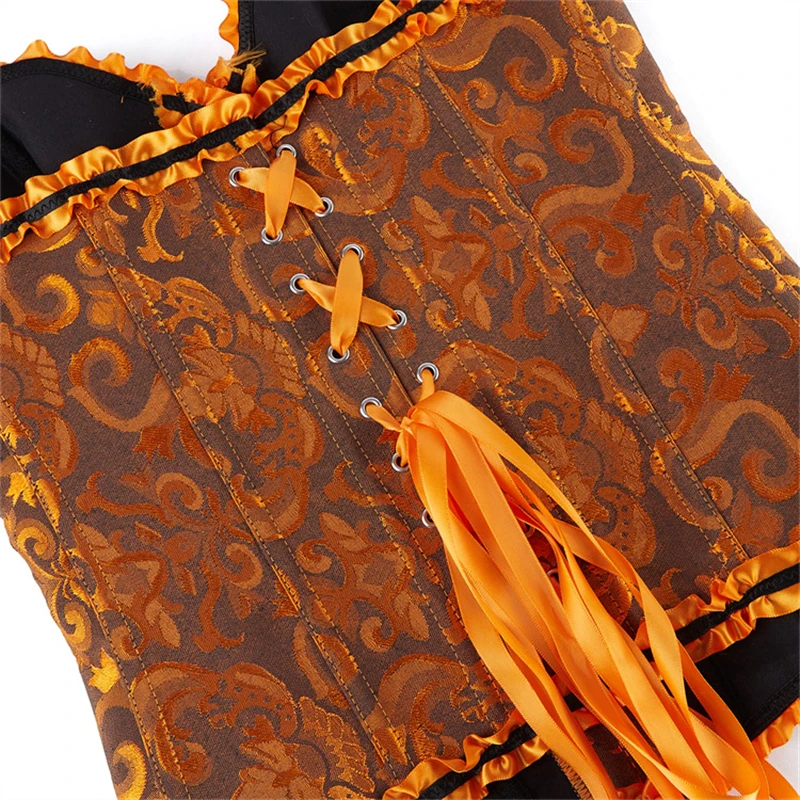 المرأة كورسيه فوقي للنساء بوستير توب القوطية البرتقال الجاكار الدانتيل متابعة المشدية خمر الفيكتوري Korsett الملابس الداخلية مثير الباسك #3