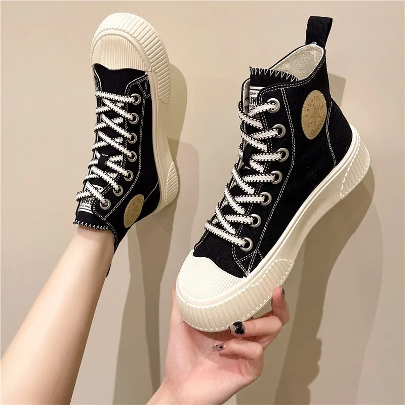 High Top Canvas Shoes Women Classics Shoes Four Seasons Lace-up Skateboarding Shoes Casual Ladies Sneakers Fashion Espadrilles