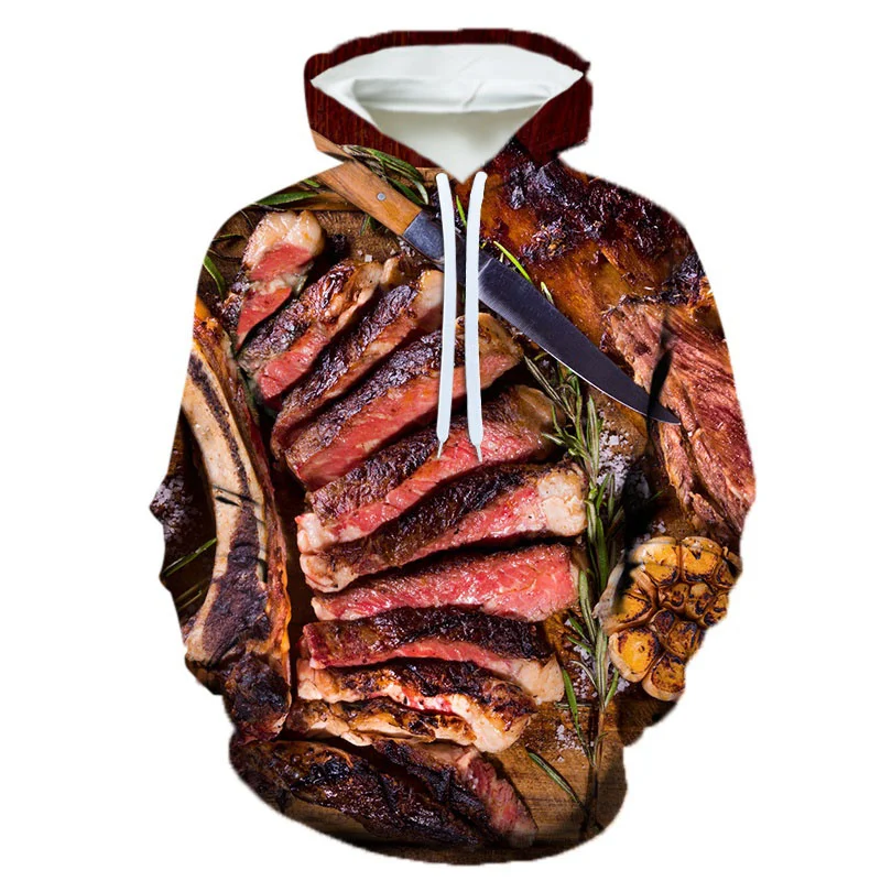 Funny Steak Salad Hoodies Fries Food 3D Print Men Women New Hip Hop Hooded Sweatshirts Oversized Pullovers Tops Unisex Clothing