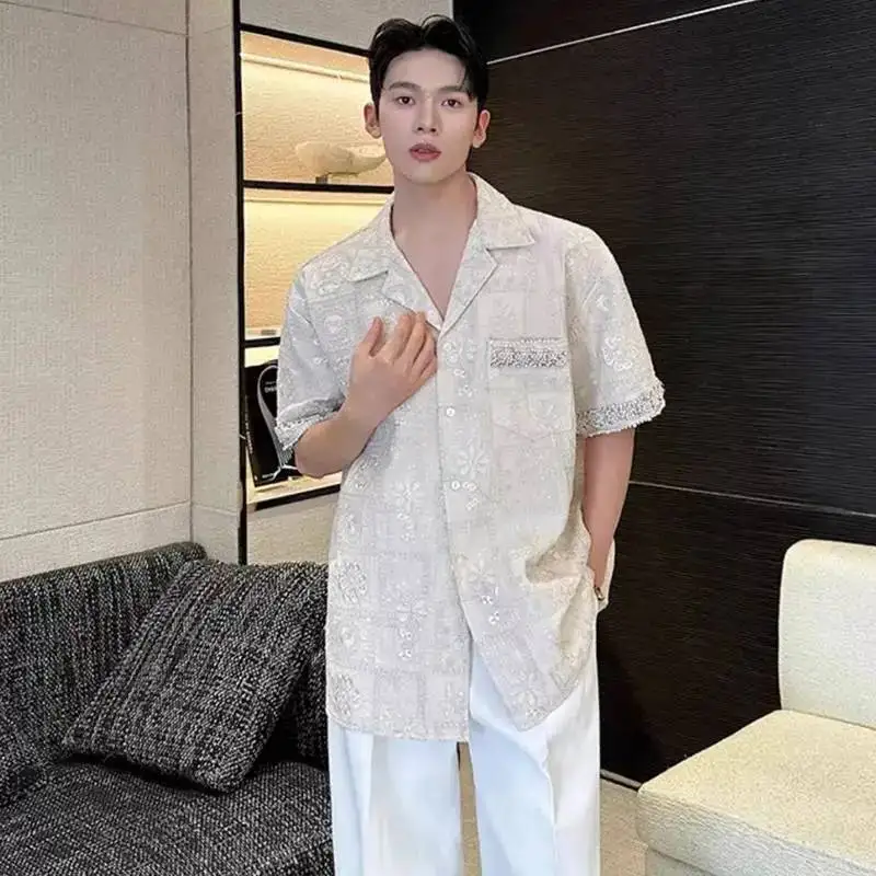 LUZHEN Sleeve Elegant Short Clothes Casual Shirt Loose 2026 Luxury Summer Handsome Sequin Patchwork Decorate Fashion Tops JY8088