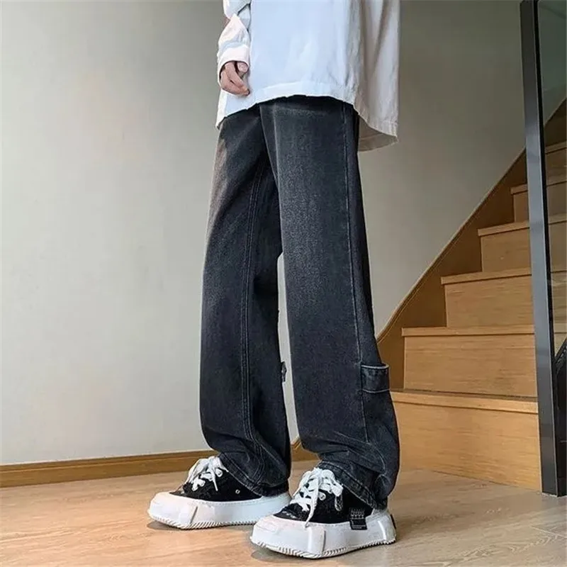 Vintage Jeans Men's High Street Y2K Straight Leg Pants Mid-waist Button Zipper Pocket Loose Trousers Spring Male Clothing YY028