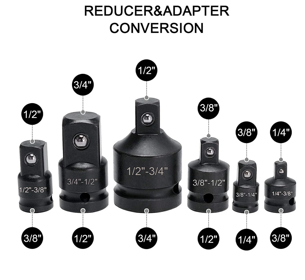 Rimoody محول مأخذ التوصيل محول المخفض مجموعة 1/4 3/8 1/2 3/4 بوصة مقبس التصادم محول وجع تحويل عدة أداة إصلاح السيارات