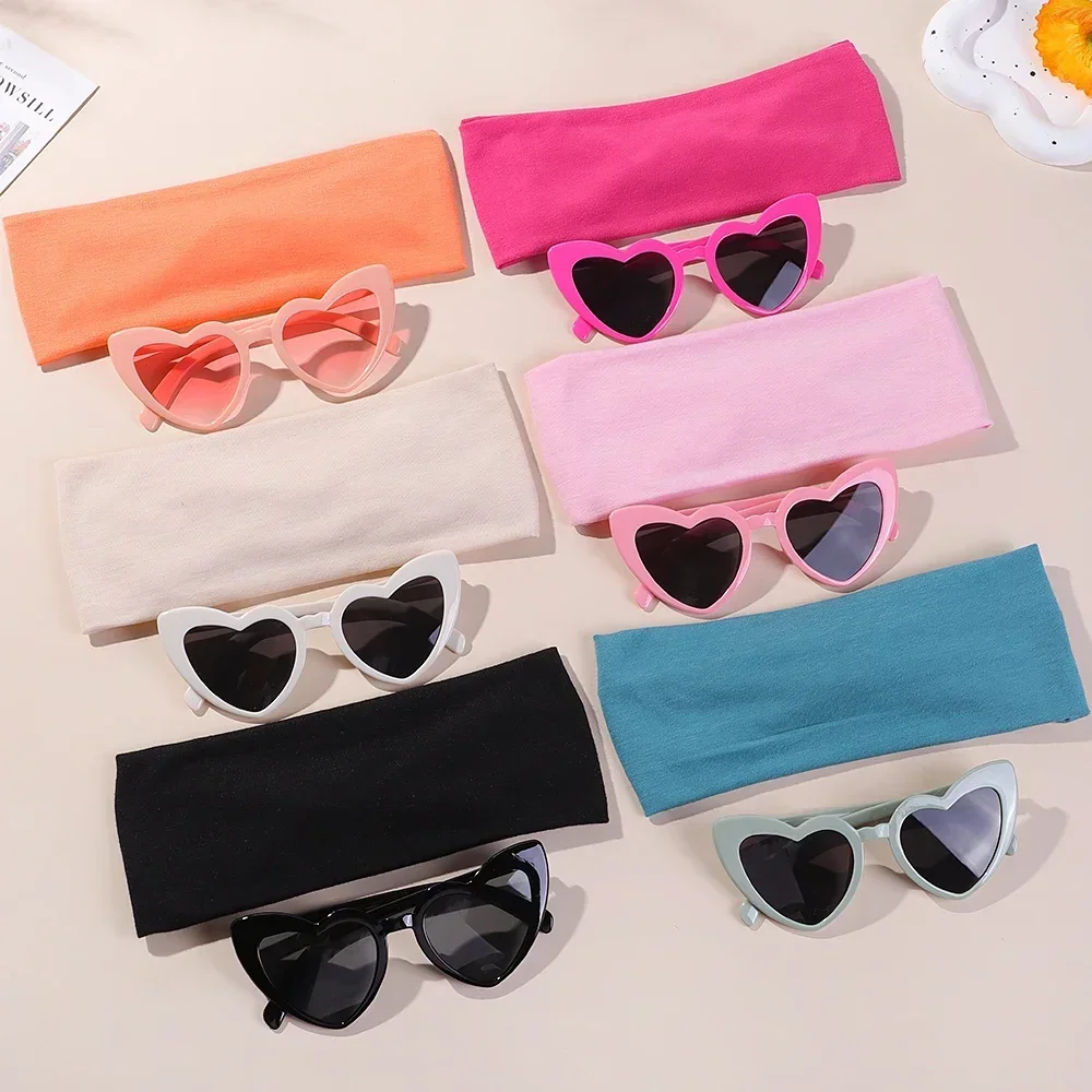 2Pcs Yoga Headband Glasses Fashion Set Fitness Headbands Leopard Print Anti Sweat Nylon Head Ties Casual Peach Heart Sunglasses