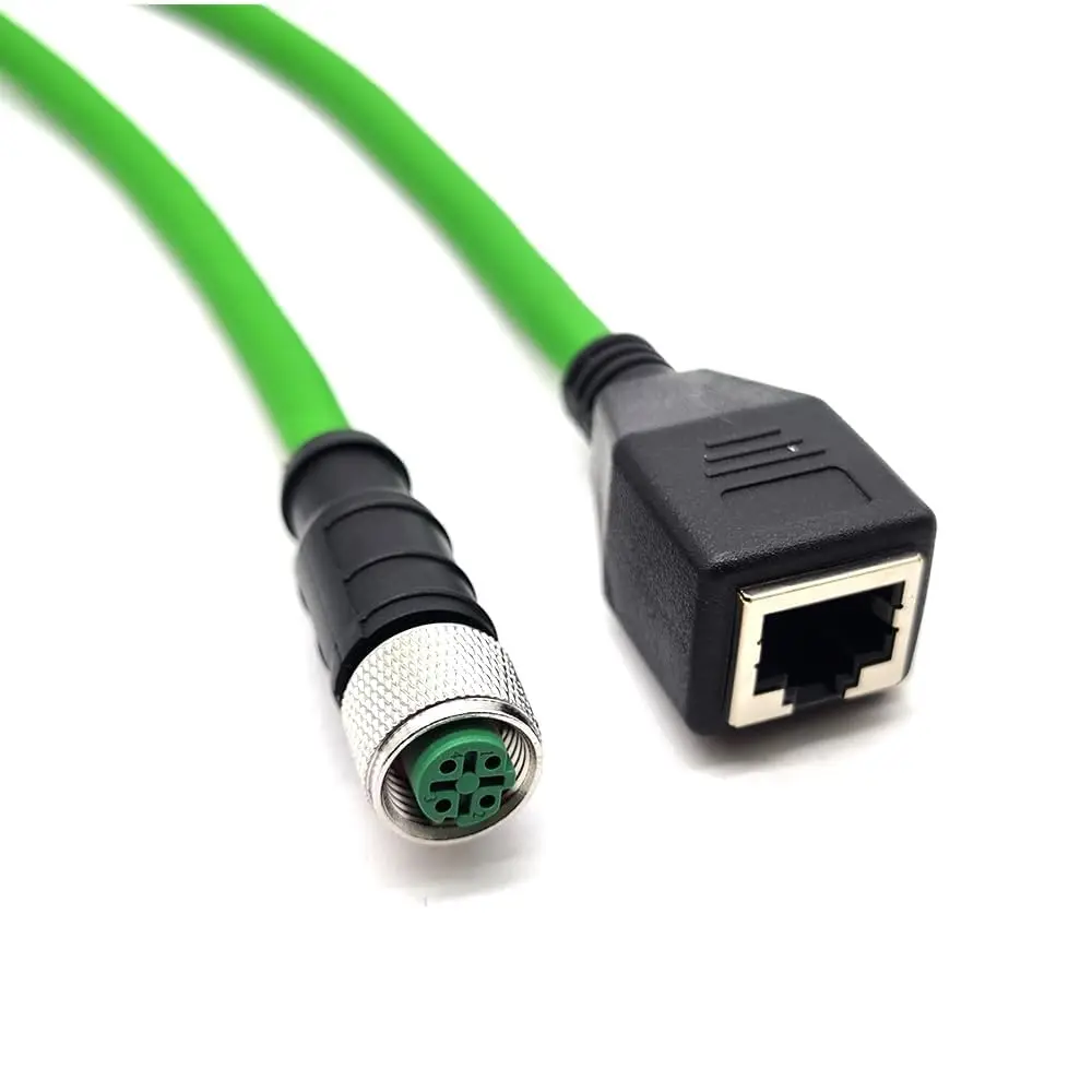 M12 4Pin D-Code Female to RJ45 Female High Flex Cat6 Industrial Ethernet Cable 1Meter