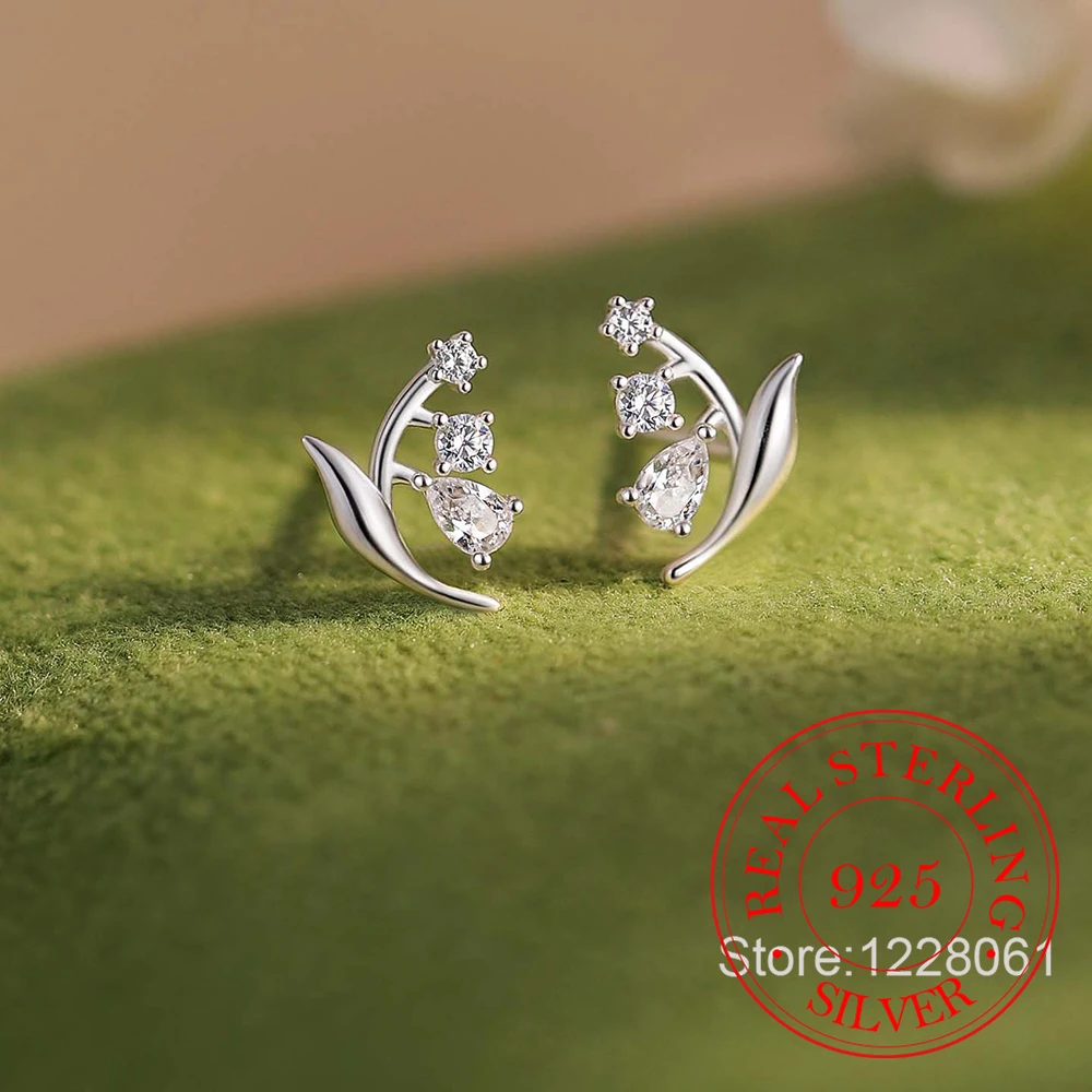 925 Sterling Silver Jewelry Crystal Flower Plants Stud Earrings for Women Wedding Party Jewelry For Girls Friends Gift