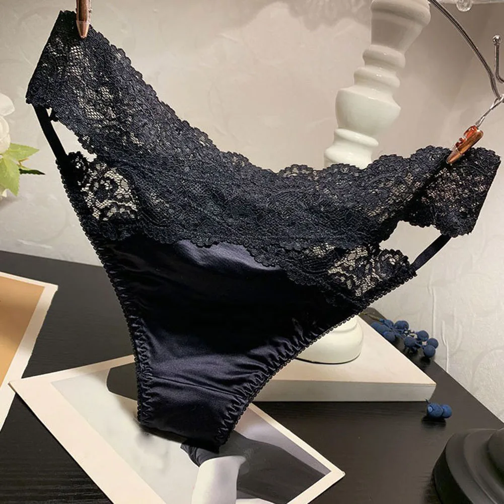 Women's Low-waist Ice Silk Seamless Cotton Crotch Soft Briefs Satin Lace Bow Panties Adult Underwear For Woman Very Hot Lingerie