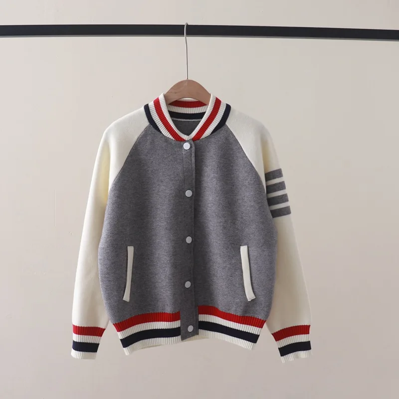 Autumn and Winter New Preppy StyletbContrast Color Striped Baseball Collar Long Sleeve Knitted Cardigan Sweater Coat Thick