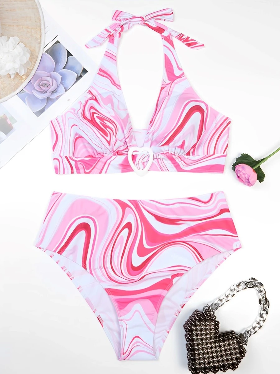 2024 Large Size Print Halter String Bikini Two Piece High Waist Swimsuit Women Swimwear Female Bathing Suit Beachwear Swimming