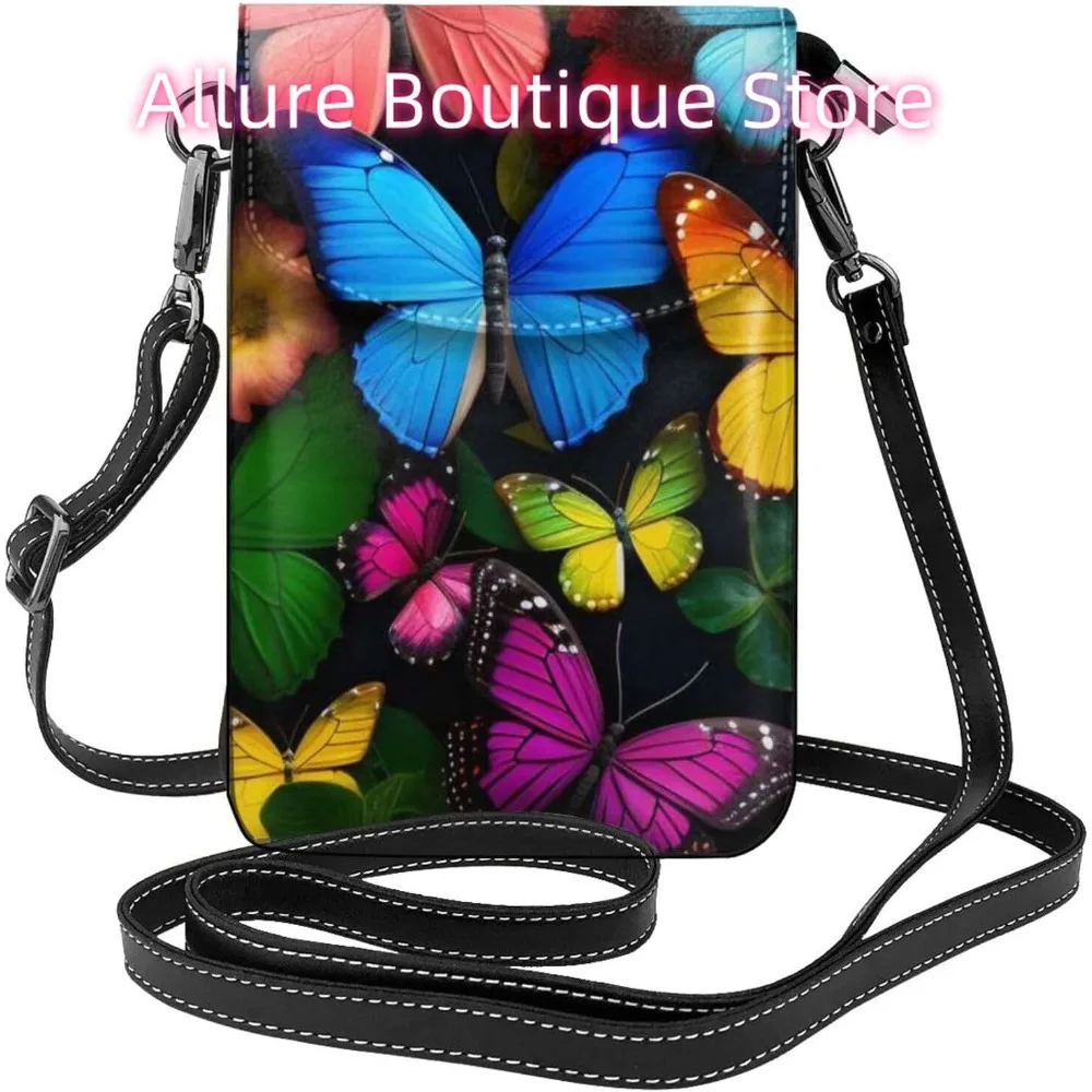 Colorful Butterflys Print Crossbody Bag for Women PU Leather Small Travel Cell Phone Pouch Lightweight Mini Phone Purse Wallet C