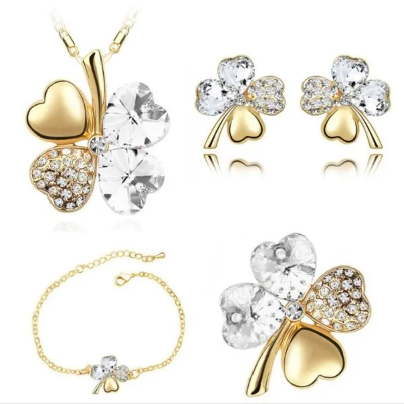 Crystal Clover 4 Leaf heart fashion jewelry set dropshipping Necklace earrings bracelet brooch charm girl quality birthday gifts