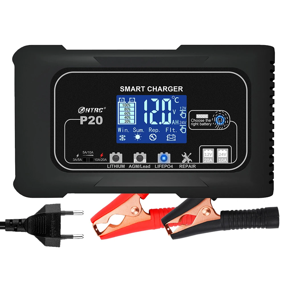 Chargeur automatique de batterie de moto, écran LCD, AGM GEL, plomb-acide, voiture, 12V, 20A, 24V, 10A, 7 étapes