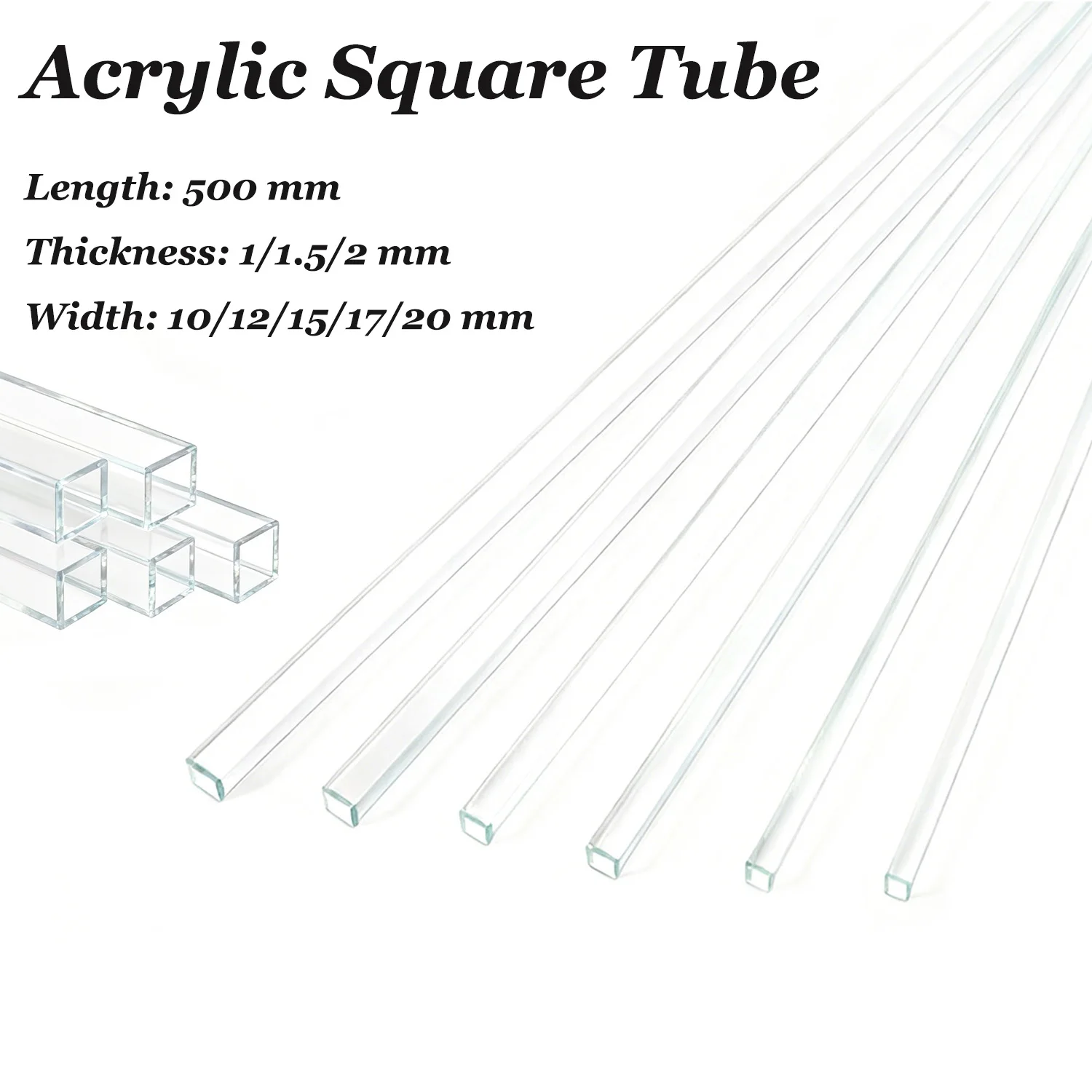 1PC 10-20mm Square Acrylic Pipe, Hollow Duct 500mm Long for DIY Crafts