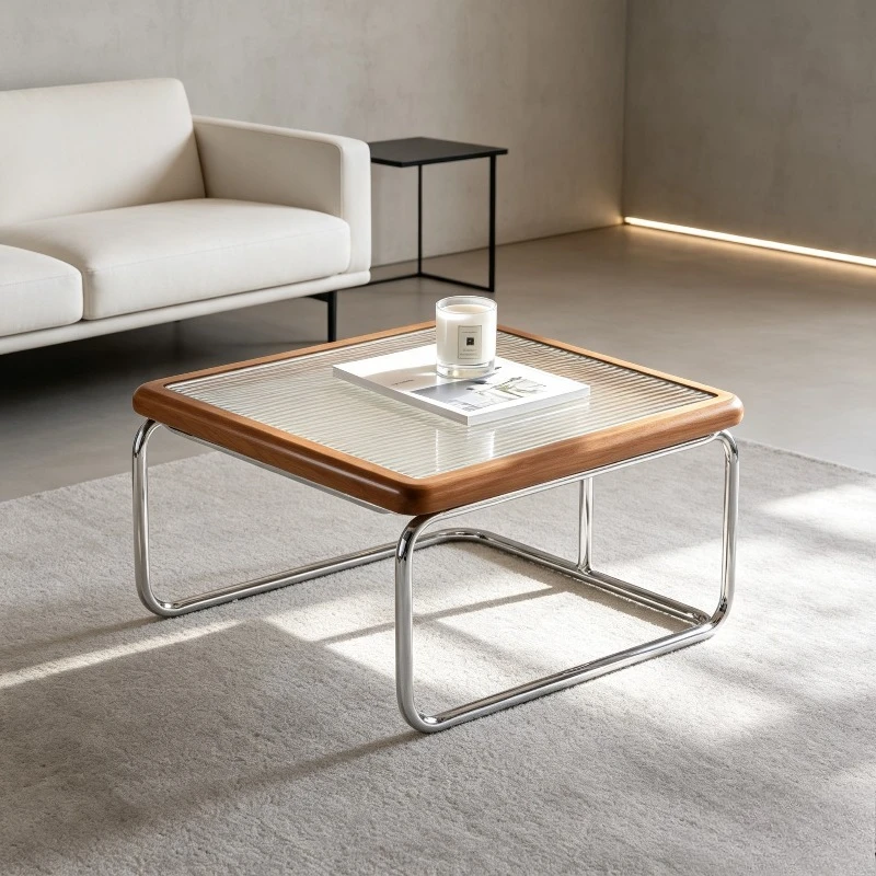 Minimalist Mid-century Glass Coffee Table, Stainless Steel Square Folding Side Stand, Mobile Cart for Living Room Small Space.