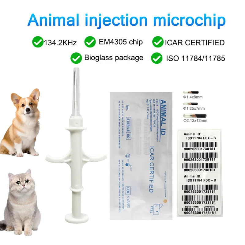 Pet EM4305 Microchip Seringa, Animal ID Chip, 134.2KHz, FDX-B, Padrão Internacional, 10 Pacotes