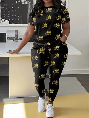 Plus Size Women's Casual Suit, Full Letter Print Short-Sleeved Trousers Two-Piece Set