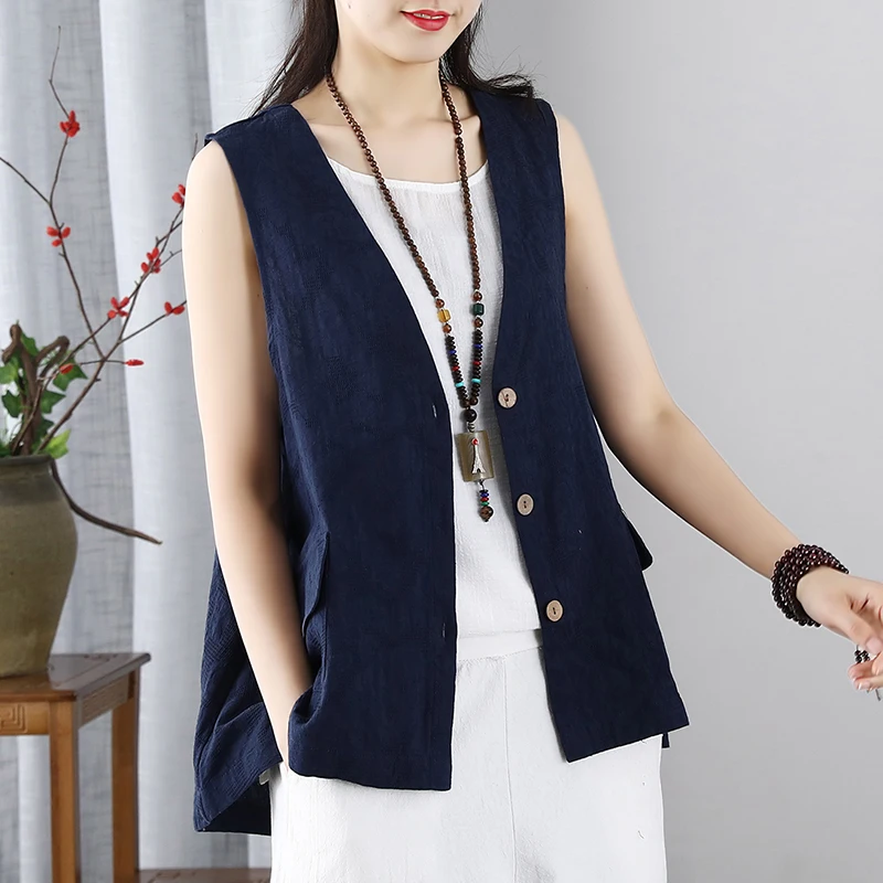 

2023 Retro Cotton Linen V-neck Vest Jacket Women Loose Versatile Sleeveless Vest Thin Cardigan Summer New Vest Waist Coat