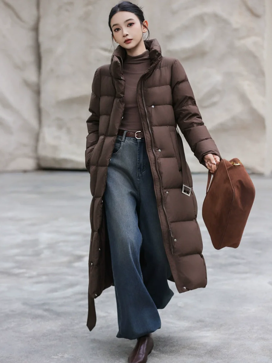 Donsjack met lange taille voor dames 2025, wintermode, verdikte witte eendendons, over de knie jas met capuchon, trendy