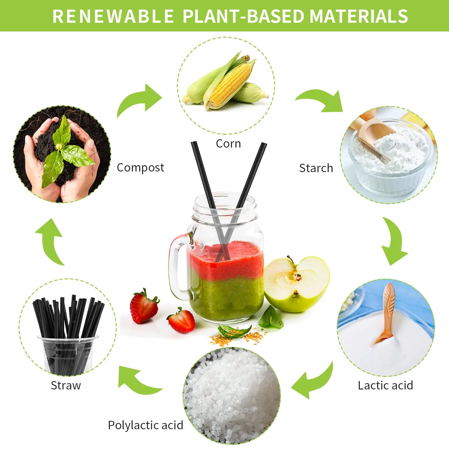 [100 Pcs] Biodegradable Compostable Individually Wrapped Sts - PLA Disposable Plant Based Black Sts (8.25