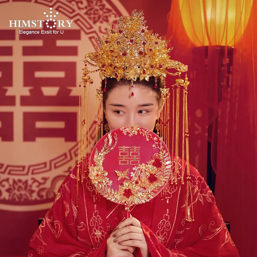 HIMSTORY 2025 New Fashion Bride Xiuhe Chinese style Large Phoenix Hair Crown Tassels Queen Costume  Headpiece Accessories