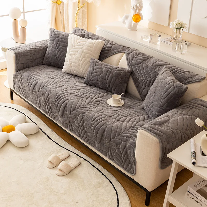 

Soft Coral Velvet Quilted Sofa Cushion Winter Warm Thick Plush Couch Cover L-shaped Sectional Anti-slip Leaf Pattern Sofa Cover