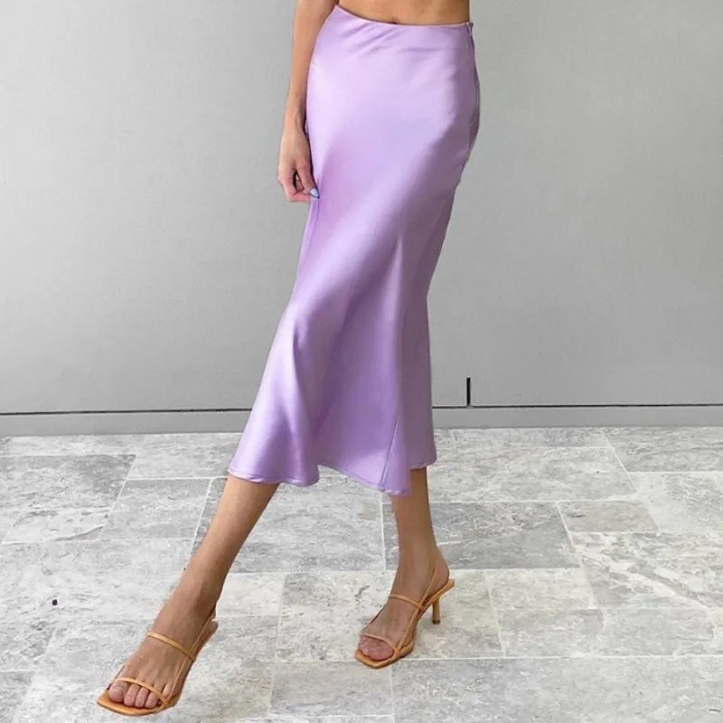 

2023 Half-length Dress Spring/Summer Drop Satin Solid Elegant and Slim Mid length High Waist Wrapped Hip A-line Dress for Women