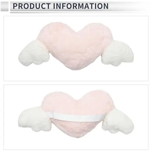 Plush Heart-Shaped Car Neck Pillow With Winged Design, Soft Faux Fur Memory Foam Support For Travel And Driving, Pink And White - view 5