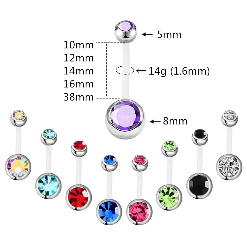 14g Multicolour Gem Acrylic Navel Ring Curved Barbell 10/12/14/16/38mm Bar Belly Button Body Piercing Jewellery