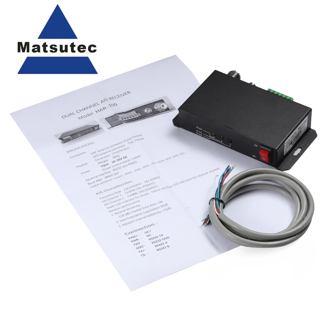 Receptor Matsutec HAR-100 AIS Receptor AIS Classe A Classe B de canal duplo com receptor GPS RS232/RS422 Receptor Somente Classe AIS