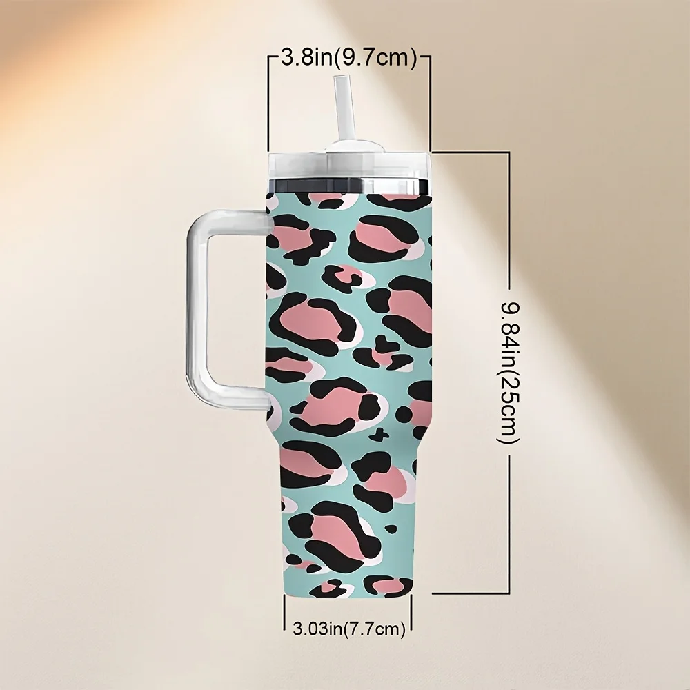 Chic Pink And Black Leopard Print On Light Blue Travel Tumbler with Handle And Straw