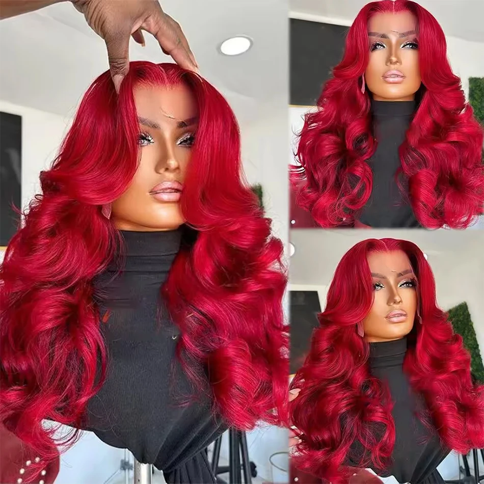 

13X4 Hot Red Lace Front Human Hair Wigs Body Wave Transparent Lace Frontal Wigs Remy Human Hair Pre Plucked 200% Density