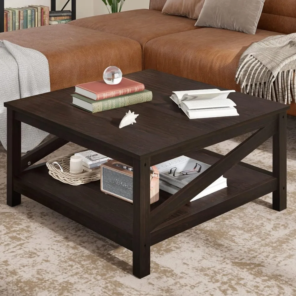 2-Tier Square Coffee Tables with Storage,Coffee Table for Living Room,Center Table Coffee Table for Home,Wood Living Room